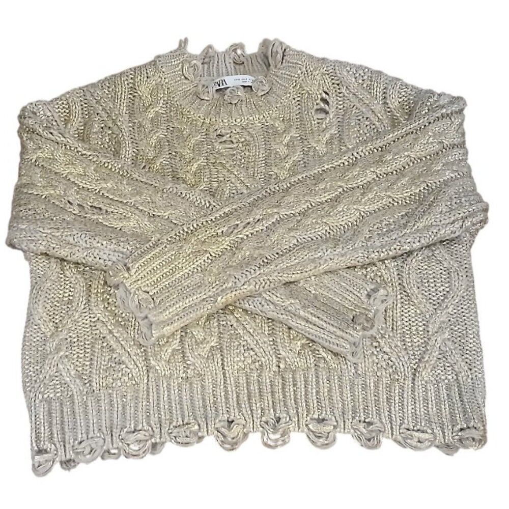 ZARA Cream with Metallic Gold Shimmer Wool Blend Crop Crew Cable Knit Sweater - Picture 7 of 12